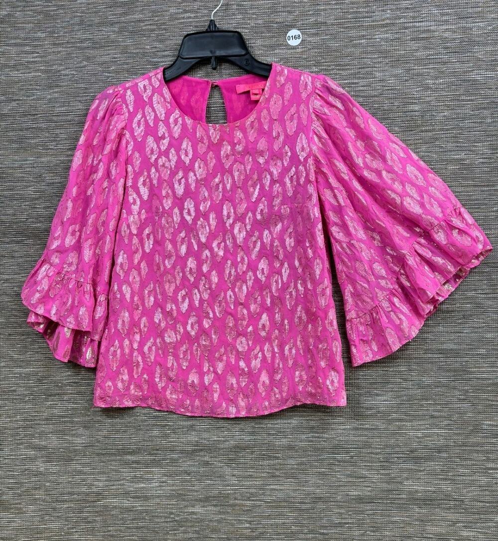 Lilly Pulitzer Blouse Womens XXS Pink Metallic Geometric Ruffle Bell Sleeve Top